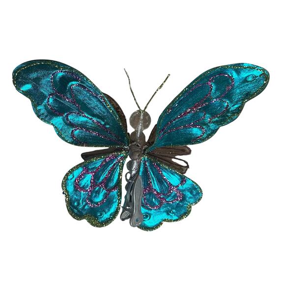 9” Aqua Butterfly Clip Ornament Glittered & Jeweled Blue, Pink, Vintage - Picture 2 of 4